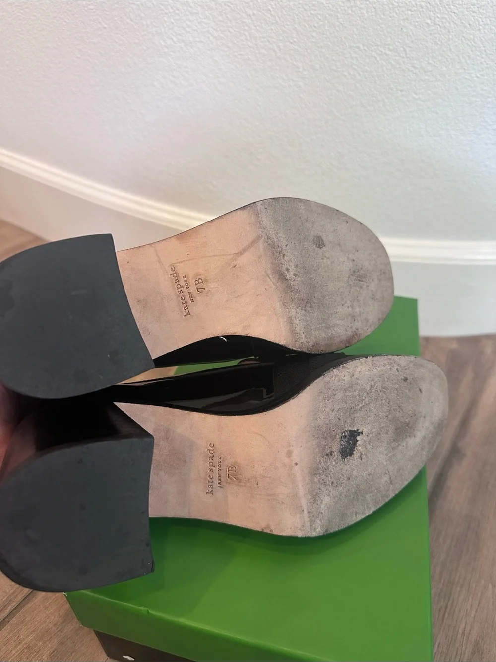 Kate Padr Black Patent Leandra heel Loafers with Fabric Bow